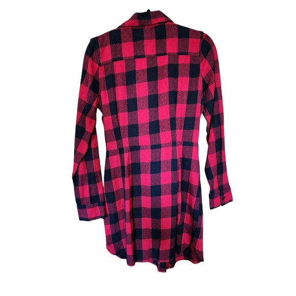 Red & Black Plaid Button-Up Shirt Dress With Waist Tie - Elan small - Picture 2 of 3